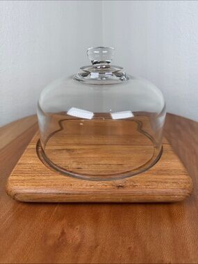 Vintage GoodWood Teak Wood  Cheese Glass Dome Covered Square Serving Plate